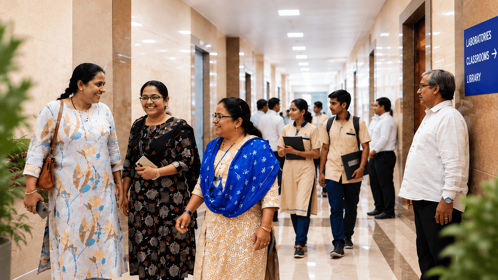 Faculty and students in the college corridor