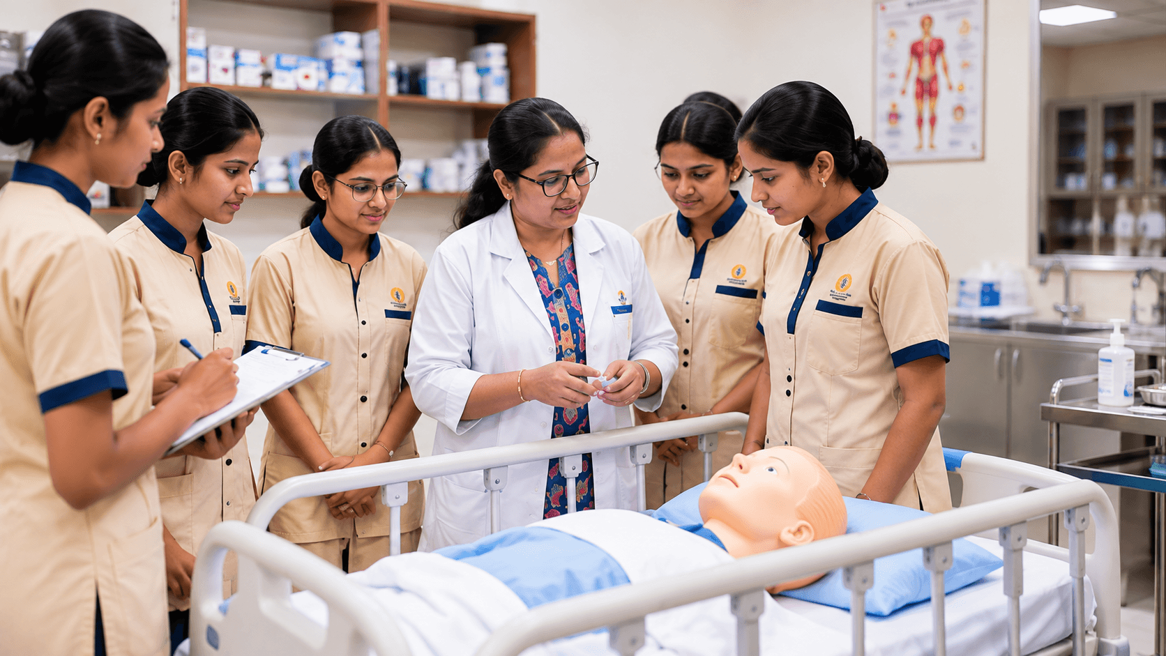 Instructor demonstrating to students in the skill lab