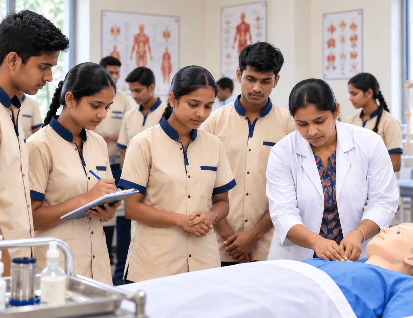 Nursing students watching an instructor demonstrate on a patient simulator