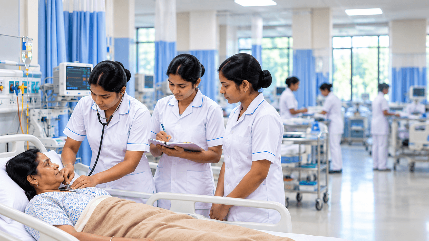 Nursing students caring for a patient in the hospital ward